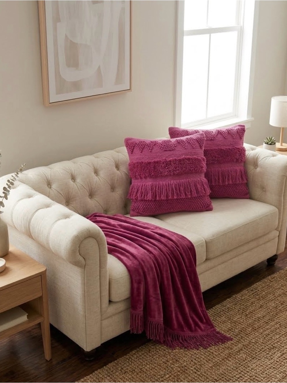 {Magaschoni} Set of 2 Magenta Boho Textured Throw Pillow Covers 20"x20"